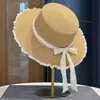 Chapéu de Palha com Laço de Renda Estilo Francês para Mulheres, Chapéu de Sol para Férias na Praia de Verão, Circunferência de Cabeça Grande, Aba Larga