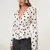 Blusas Femininas Elegantes e Modernas com Bolinhas, Camisetas Cardigan Sexy de Gola V Franzidas Slim-Fit para Atacado