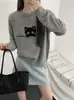 Suéter de Gola Redonda 100% Lã Feminino Outono Inverno Estilo Coreano Gato Cartoon Jacquard Solto Emagrecedor Versátil Malha Top