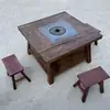 Mesa de chá estilo wabi-sabi em madeira de olmo antiga com lareira, mesa quadrada de fogo vintage para exterior, mesa de churrasco e mesa de jantar para casa de hóspedes em madeira maciça