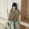 Cárdigan de Punto con Capucha y Raya Roja de Contraste para Mujer Otoño Invierno Nuevo Estilo Holgado Perezoso Abrigo Suéter Estudiante