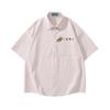 Camisa de pana de manga corta bordada con flores de oso retro japonés para hombre y mujer, verano holgada estilo novio para pareja