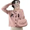 Cardigan Suéter Tricotado com Bolso e Laço Tridimensional Doce e Juvenil Suave Estilo Coreano para Mulheres