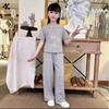 2024 Nuevo Traje de Verano para Niña Estilo Nacional Top con Botones Manga Corta Nuevo Estilo Chino Conjunto Casual de Moda de Dos Piezas para Bebé Niña