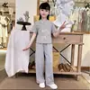 Traje Nuevo Estilo Chino para Niñas Verano 2024 Nuevo Moda China Hebilla Moda Casual de Manga Corta Dos Piezas
