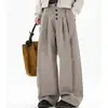 Calça reta listrada estilo americano, com caimento solto, para homens, calça casual versátil vintage de botões longos, com uma vibe "old money", adequada para casais