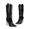 Botas de montar versátiles de tacón alto y peso ligero para otoño e invierno, botas de tubo alto con punta afilada de comercio transfronterizo, suela de goma de color sólido, botas para mujer de talla grande de comercio exterior
