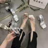 Zapatillas Exteriores Transparentes de Punta Cuadrada con una Correa, Suela Gruesa para Mujer, Verano, Tacón Grueso, Impermeables, Plataforma, Pequeño Aumento de Altura, Zapatos de Tacón Súper Alto