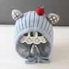 Otoño e Invierno Nuevo Bebé Gorro de Punto con Orejas de Caqui Orejas Cuadros Lindas Atado de Cinta Gorro Cálido de Lana para Bebé