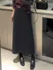 Saia de Lã Acetato Feminina Outono e Inverno 5 Novas Cinza Escuro Reta Drapeada Lã Fenda Traseira Saia Longa de Lã