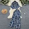 Traje de Estilo Salado Estilo Ligeramente Maduro para Mujer, Camisa Corta Estampada Holgada de Moda y Versátil + Pantalones Casuales de Pierna Ancha con Efecto Adelgazante de Cintura Alta
