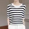 Blusa de Tricô Listrada em Lyocell Estilo Retrô Francês de Manga Curta Camiseta Versátil Fina Camada Base Roupas Femininas