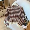 Guangzhou Treze Linhas Item Popular de Alta Qualidade ~ Suéter de Tricô Vazado Listrado Color Block para Outono com Retalhos de Borda Crua Solto para Mulheres