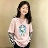 Camiseta Listrada Patchwork Manga Longa para Meninas Estilo Primavera e Outono 2026 Nova Roupa de Outono Infantil Algodão Puro Top Falso Duas Peças