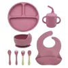 Conjunto de Louça de Silicone, Tigela de Comida Infantil, Utensílios de Prato de Comida de Grau Alimentício, Garfo, Colher, Copo de Água, Babador em Estoque