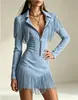 2026 Nuevo Estilo Occidental Transfronterizo Europeo Americano Vestido Ajustado Delgado con Borlas de Cuello en V Falda Corta para Mujer Moda Chica Caliente