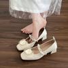 Sapatilhas Versáteis de Salto Grosso para Mulheres 2025 Outono Novo Estilo com Saia Novo Estilo Chinoiserie Flor Doce Fada Sapatos Mary Jane