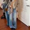 Jeans Azules de Pierna Ancha Estilo Retro Americano para Mujer, Nuevo Estilo Otoño, Tiro Alto, Corte Holgado, Adelgazantes, Lavados, Pantalones Rectos Arrugados