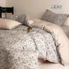 Juego de Sábanas de Algodón Puro, Cuatro Piezas, Jacquard Bordado de Alta Calidad, Adecuado para Todas las Estaciones, Funda de Edredón de 1.2m, Sábana Ajustable, Ropa de Cama, Azul