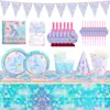 Set de Artículos para Fiesta de Cumpleaños Temática de Sirena Mantel Banderines Platos Desechables Vasos de Papel Cuchillo Tenedor Cuchara Mesa