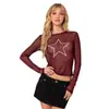 2025 Nuevo Verano Estilo Ins Camiseta de Manga Larga Ajustada con Estampado de Estrella de Cinco Puntas de Gasa Tops para Mujer