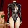 Comercio Electrónico Transfronterizo Estilo Europeo y Americano Lencería Sexy Body de Cuello Alto y Manga Larga Malla Jacquard Hueco Transparente Body de Puro Deseo