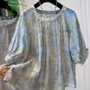 Leve Primavera/Verão Novo Solto Tamanho Grande Roupas Femininas Gola Redonda Estampada Tie-Dye Manga Curta Camisa Top Manga Lanterna Top