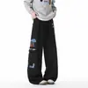 Calça de Moletom Bordada para Cachorro Estilo Americano Inverno Masculina Retro Casual com Vários Bolsos High Street Versátil Cordão Solta Calça Esportiva