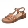 [Preço do Evento 128] Sandálias de Couro de Cavalo, Sandálias Femininas de Salto Baixo e Sola Macia, Sapatos Romanos Vazados de Couro Genuíno com Tira em T