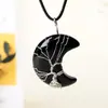 Pendente de lua de pedra bruta de cristal natural transfronteiriço, colar trançado à mão com fio, joias e ornamentos artesanais, atacado