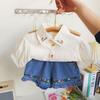 Ancorelala2026 Nuevo Conjunto de Verano para Niñas, Linda Camisa con Solapa Bordada y Shorts de Mezclilla Conjunto de Dos Piezas