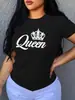 Camiseta de Manga Corta con Estampado de Letras y Corona, Cuello Redondo, Ropa Casual para Mujer de Primavera y Verano