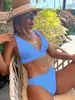 Biquíni Amazon Cintura Alta Costura Dividida Roupa de Banho Feminina Roupa de Banho Aliexpress Nova Cor Pura Decote V Plástico Moda Triângulo