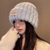 Gorro de lana de punto azul con cabeza grande para mujer, otoño e invierno 2024, con cara visible, pequeño, combinable con todo, con protección para las orejas y gorro frío.