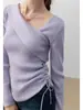 Senso de Design Elegante Francês Suéter de Tricô de Manga Longa Top Feminino Primavera e Outono Preguiçoso Versátil Suéter Roxo