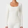 Camiseta de manga larga para mujer estilo americano transfronteriza con cuello en U en color café, corte ajustado, con sensación de segunda piel, adecuada para deportes, fitness y yoga