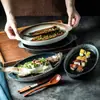 Plato Cerámico Vintage Estilo Japonés para Pescado al Vapor Doble Asa Patrón Vertical Ovalado Largo Plato para Restaurante Forma de Huevo Plato para Comedor del Hogar Disponible
