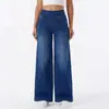 Jeans de Cintura Alta de Pierna Ancha con Dobladillo de Orejas de Gato, Mezclilla Lavada, Cintura Elástica, Pantalones Rectos Fluidos, Pantalones de Mezclilla de Corte Holgado para Mujer
