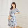 Shenghong Gran Venta Vestido de Verano Retro con Estampado de Tinta, Cuello en V, Mangas Abullonadas, Cintura Marcada, Largo Medio para Mujer 12883
