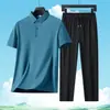 Nuevo Conjunto Casual de Hielo para Hombre de Verano con Cuello Camisero, Camisa Polo de Manga Corta + Pantalones Largos Conjunto de Dos Piezas, Transpirable y Fresco