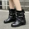 Pantalones con hebilla de remache botas mujer 2026 nuevo otoño botines plisados tacón grueso botas cortas a media pantorrilla botas vaqueras mujer