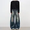 Diseño Americano Jeans Lavados con Salpicaduras de Tinta para Hombre Corte Limpio High Street Retro Sueltos Scimitar Pierna Ancha Pantalones Largos