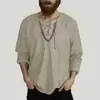 Camisa de Manga Larga Lisa con Cordón para Hombre, Estilo Europeo y Americano, de Algodón y Lino, Cuello Mao, Holgada, para Primavera y Otoño