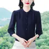 Linda Blusa de Chiffon para Mulheres, Novo Estilo de Verão, Elegante e Rejuvenescedora, Emagrecimento, Blusa de Manga Três Quartos, Camisa para Mãe de Meia-Idade