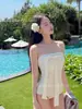 Traje de Baño Blanco de Triángulo Sexy Hottie Coreano para Mujer, Estilo Puro Deseo, Top de Tubo, Cubre Vientre, Adelgazante, Ropa de Baño para Vacaciones en Aguas Termales