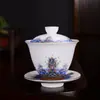 Juego de Té Kung Fu Cerámico Vintage, Tazón de Tres Piezas con Tapa de Esmalte Estilo Palacio, Taza de Té Tallada Filigrana, Jingdezhen