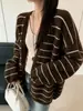 Cárdigan de punto a rayas con bloques de color, de estilo coreano y corte relajado para mujer, con mangas tipo farol amplias, tela suave y engrosada, y un diseño casual, perfecto para otoño e invierno