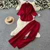 Conjunto de camisa estilo executiva para mulheres, roupa de verão de duas peças, acinturado, modelador, traje para o trabalho, calça pantalona casual soltinha