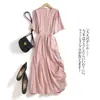 Vestido Japonês com Cadarço para Ajuste na Cintura, Verão, Slim Fit, Manga Curta Fina, Decote V, Comprimento Médio Feminino
