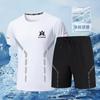 Traje Casual de Tacto Frío para Hombre Verano Transpirable Secado Rápido Elástico Manga Corta Shorts Traje de Ropa Deportiva de Cuello Redondo para Hombre Moderno